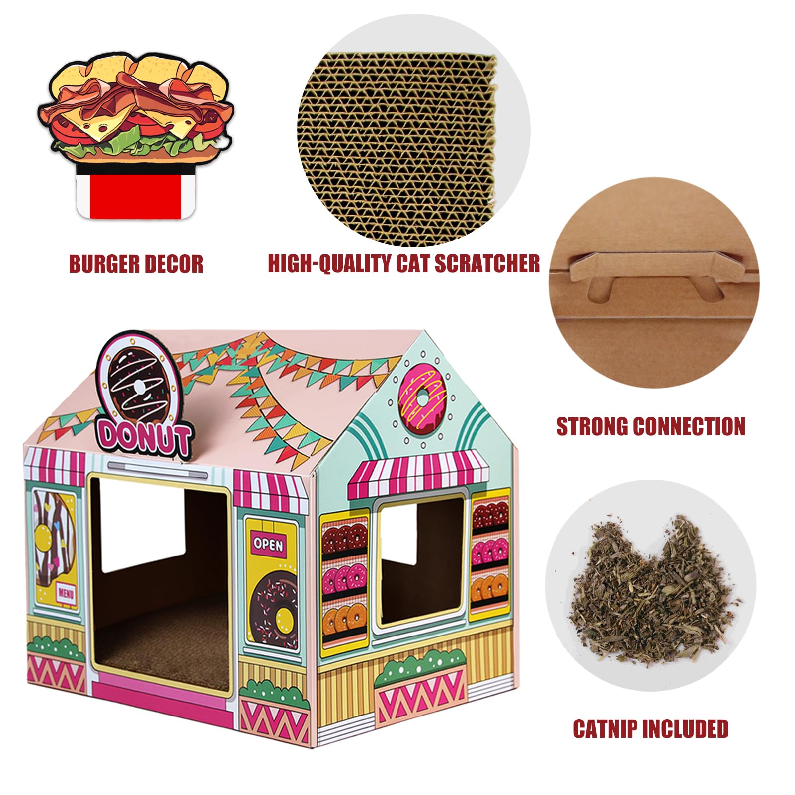 Sekam Cardboard Cat House With Scratcher/Catnip (16.5' X 12' X 15'), Donut Shop For Indoor/Outdoor, Cat Scratch Box & Home De